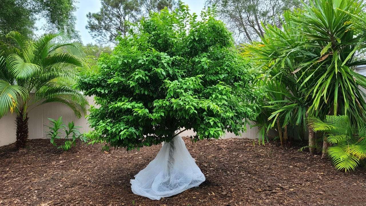  "Barbados Acerola cherry tree protected with frost cloth during cold weather" 