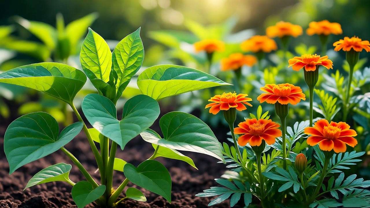  Sweet potato garden with lush sweet potato plant leaves interplanted with vibrant marigolds for natural pest protection. 