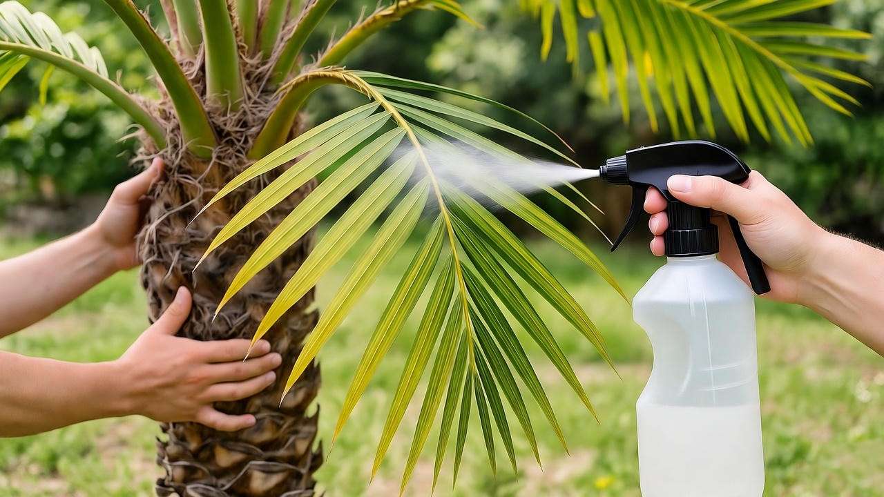 Gardener treating yellowing fronds on a king palm with Epsom salt spray". 