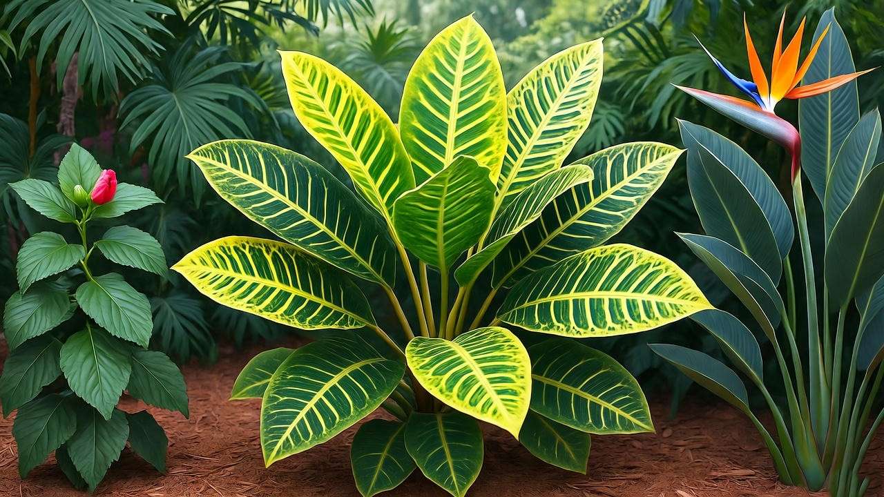  "Banana croton plant in a tropical garden with hibiscus and mulch under shaded sunlight." 