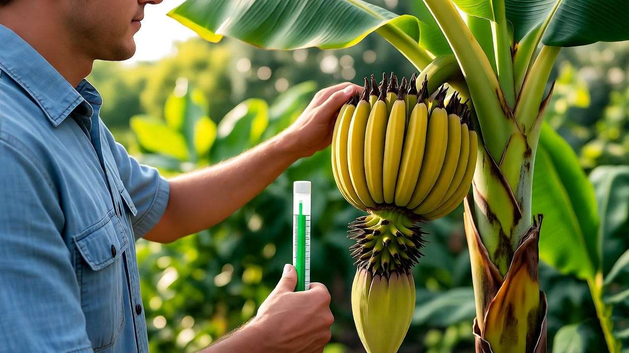  "Horticulturist with soil testing kit inspecting a healthy banana plant." 