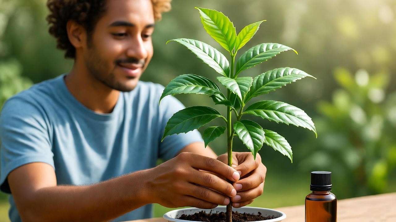 "Gardener applying neem oil to a healthy tea plant seedling for pest control.