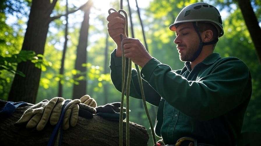 Arborist inspecting a tree climbing rope for wear with safety gear in a lush tree setting. 