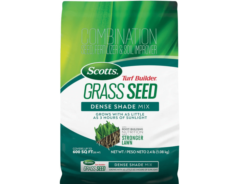  Scotts Turf Builder Grass Seed Dense Shade Mix with Fertilizer and Soil Improver, Grows With Little Sunlight, 2.4 lbs.