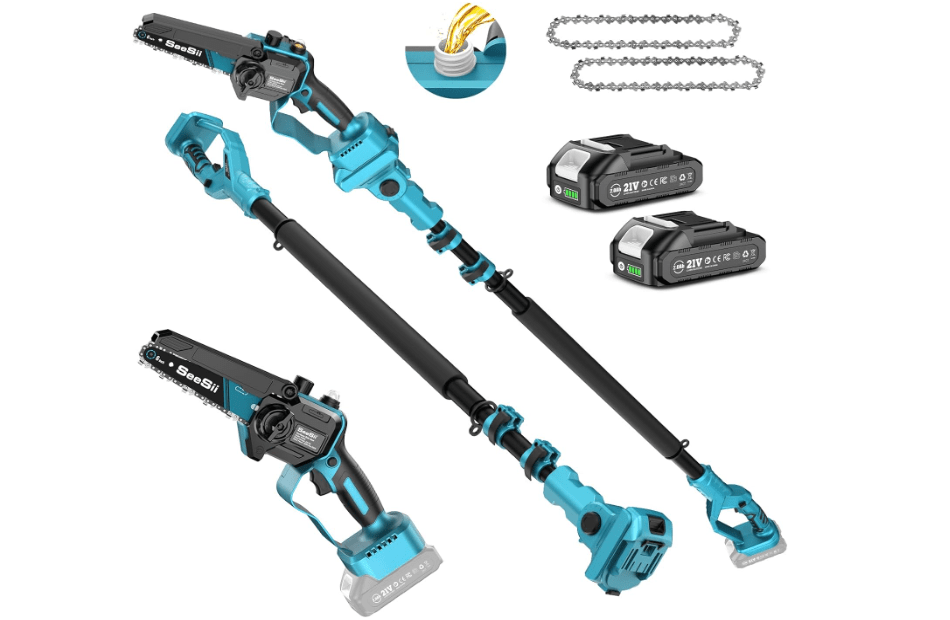 SEESII 2-in-1 Electric Pole Saws for Tree Trimming, 6 Inch Mini Chainsaw Cordless with Extension Pole, Battery Powered Pole Chain Saw, Tree Trimmer Limb
