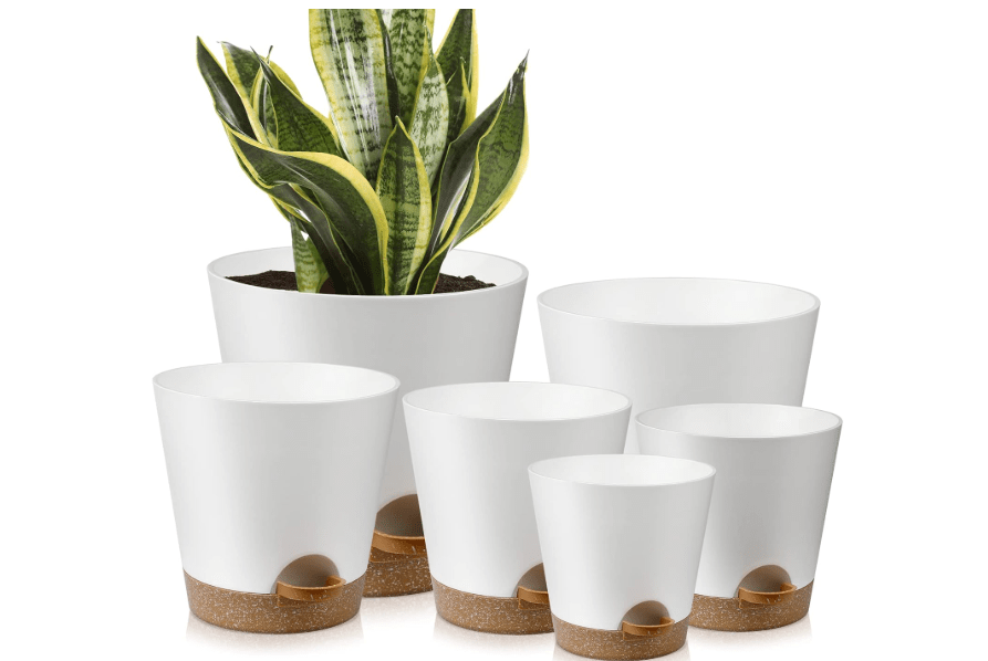 
YNNICO Indoor Self Watering Planters with Drainage Holes and Saucers, 8, 7, 6.5, 6, 5.5, 5 Inches, White