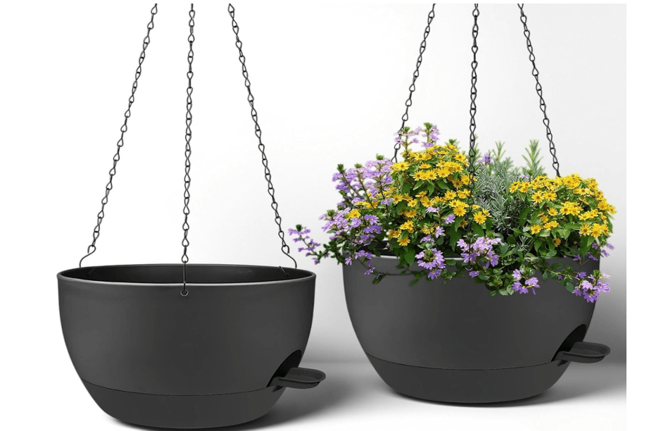 
zople 2 Pack 12 Inch Large Hanging Planters with Chains Self Watering Black Plastic Hanging Pots for Indoor Outdoor Plants, Garden Porch Home Decor