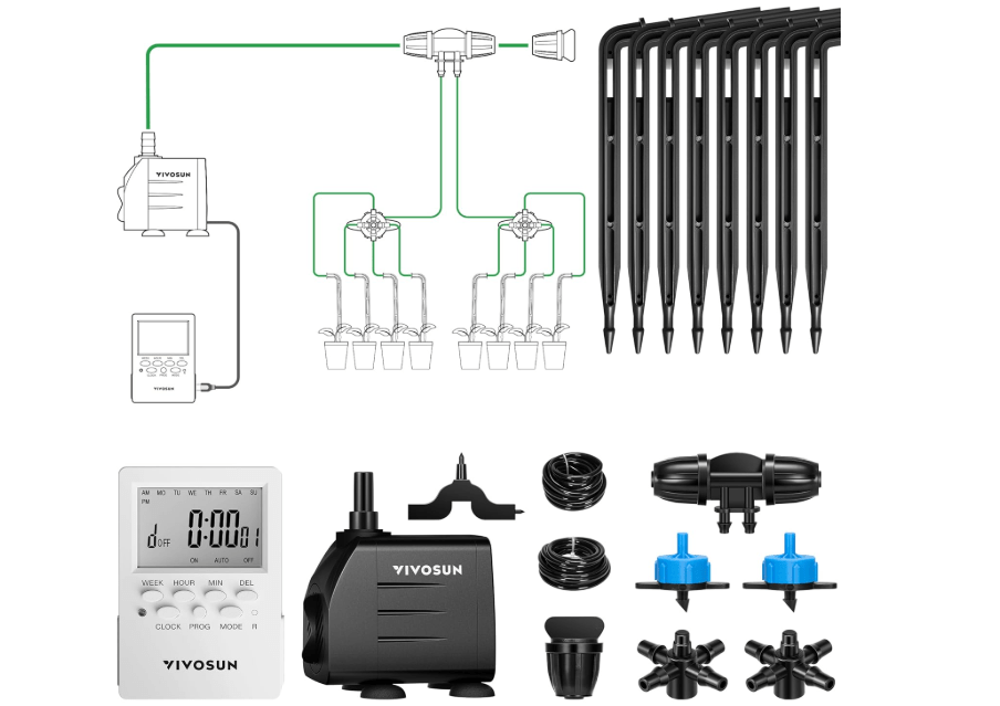 VIVOSUN Professional Automatic Drip Irrigation Kits, 15W Output, All in One Professional Grow Kit- Includes Pump, Timer and Regulator,