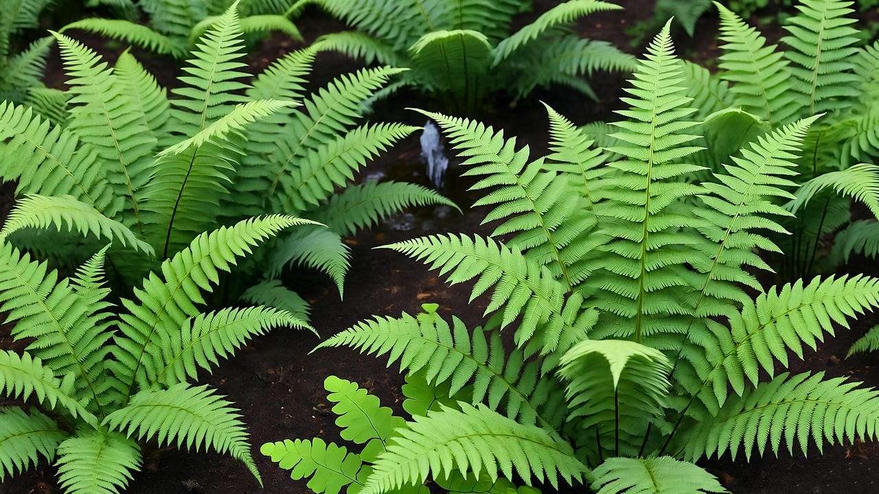 "Woodland garden with feathery Boston and maidenhair ferns near a water feature."