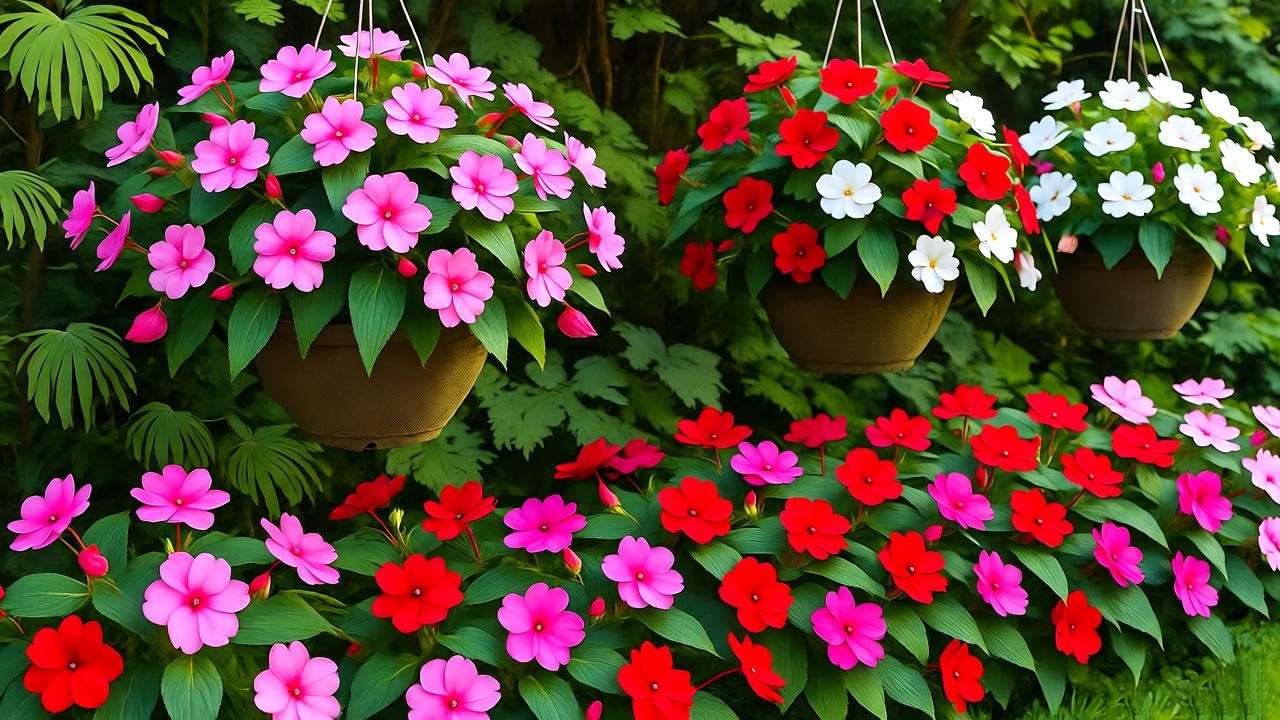 Colorful impatiens with pink, red, and white blooms in shaded hanging baskets." 