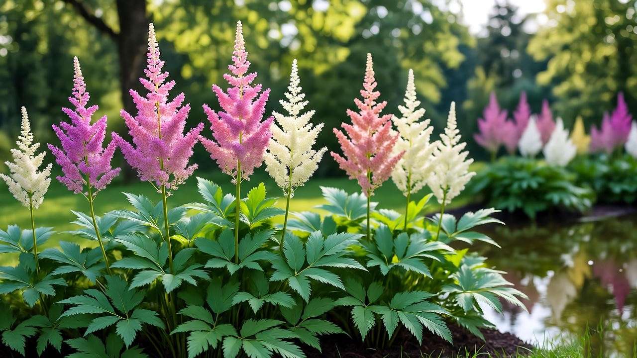 "Shaded garden with astilbe’s feathery pink and white plumes near a pond." 