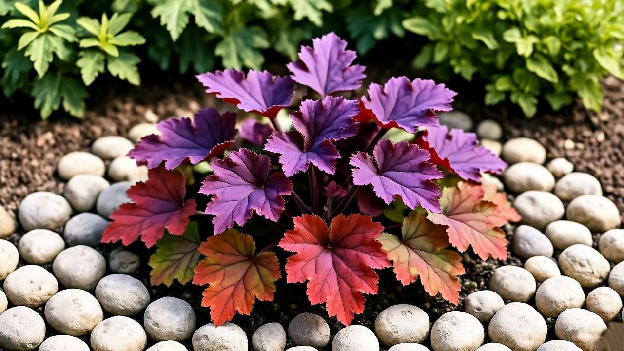 "Rock garden with heuchera showcasing purple and red foliage." 