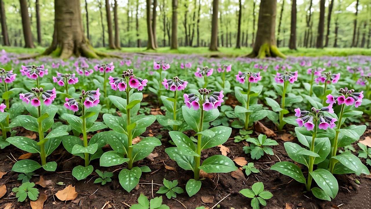 "Woodland bed with lungwort spotted leaves and pink flowers."