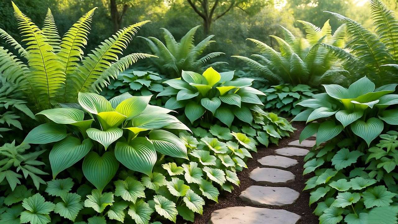 "Layered shade garden with ferns, hostas, and ajuga along a stone path."