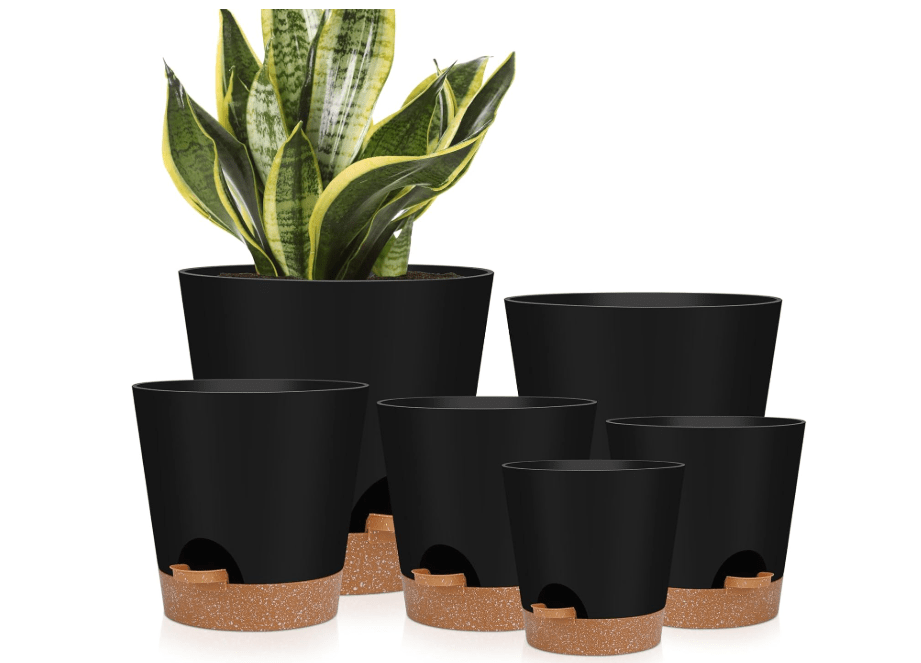 YNNICO Indoor Self Watering Planters with Drainage Holes and Saucers, 8, 7, 6.5, 6, 5.5, 5 Inches, Black, 6 Pots