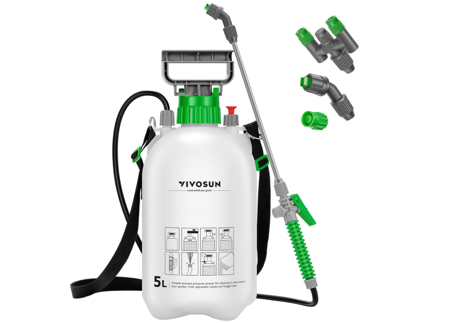 
VIVOSUN 1.35 Gal/5L Pump Sprayer, Garden Water Sprayer for Plants, Weeds & Lawn Care, with 3 Nozzles, 50'' Long Hose & Pressure Relief Valve