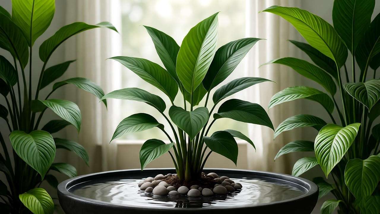 "Large green leafed plant with humidity hack, indoor tropical plant care"