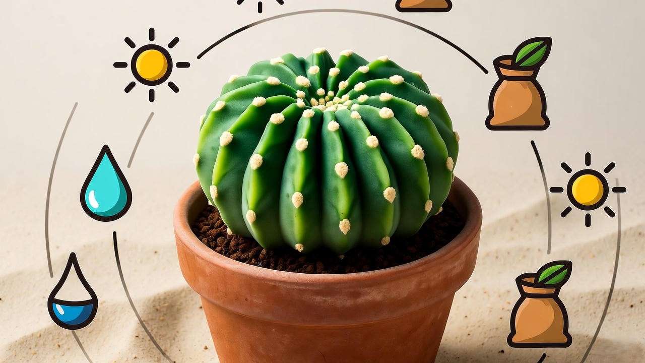 Brain cactus care calendar with seasonal icons for monthly care tasks on a desert-themed background.