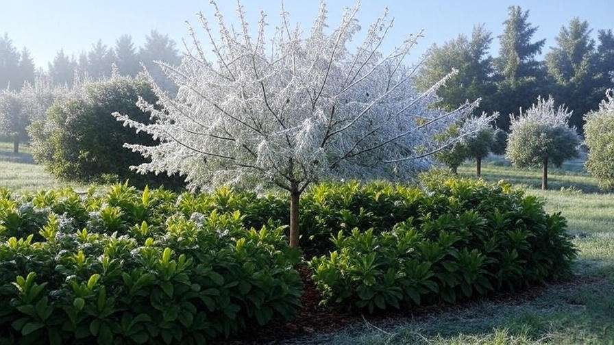 Cherry tree protected by frost blanket and windbreak shrubs in orchard".
