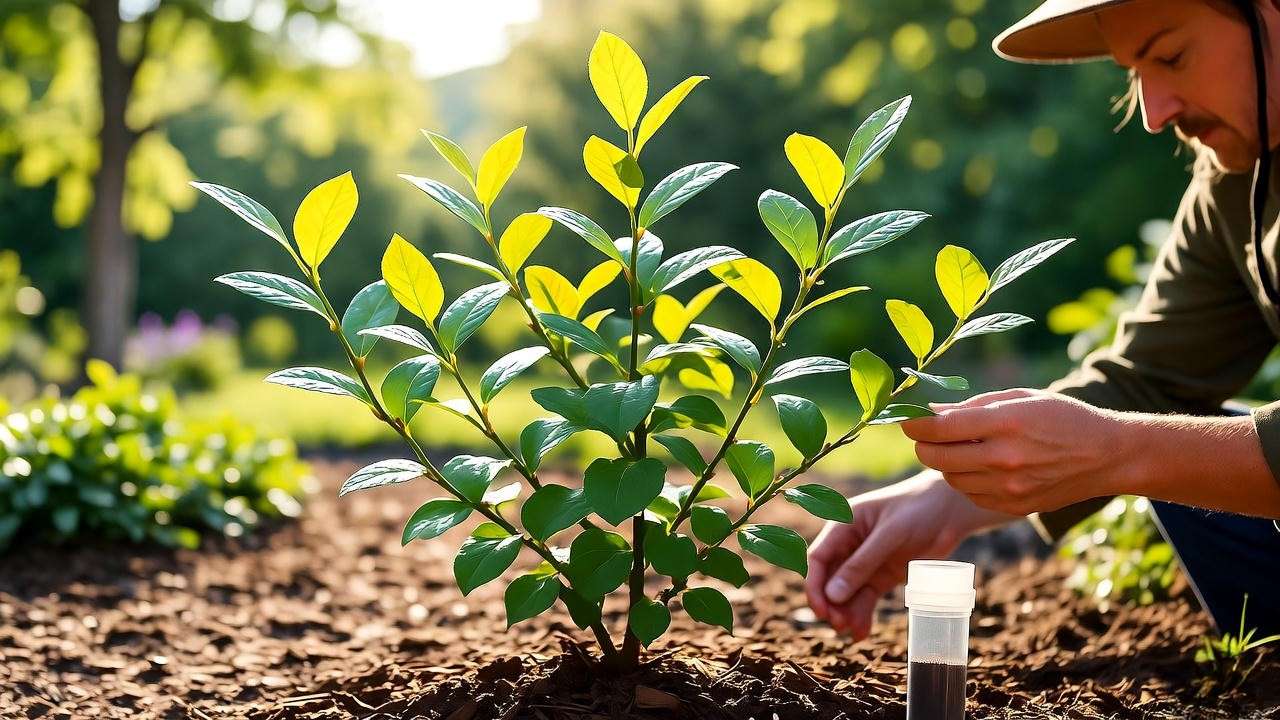 "Gardener checking Brightwell blueberry plant with yellow leaves and soil test kit."