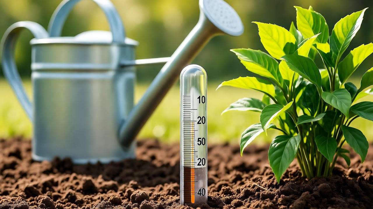 Moisture meter in dry soil next to a healthy plant with watering can".