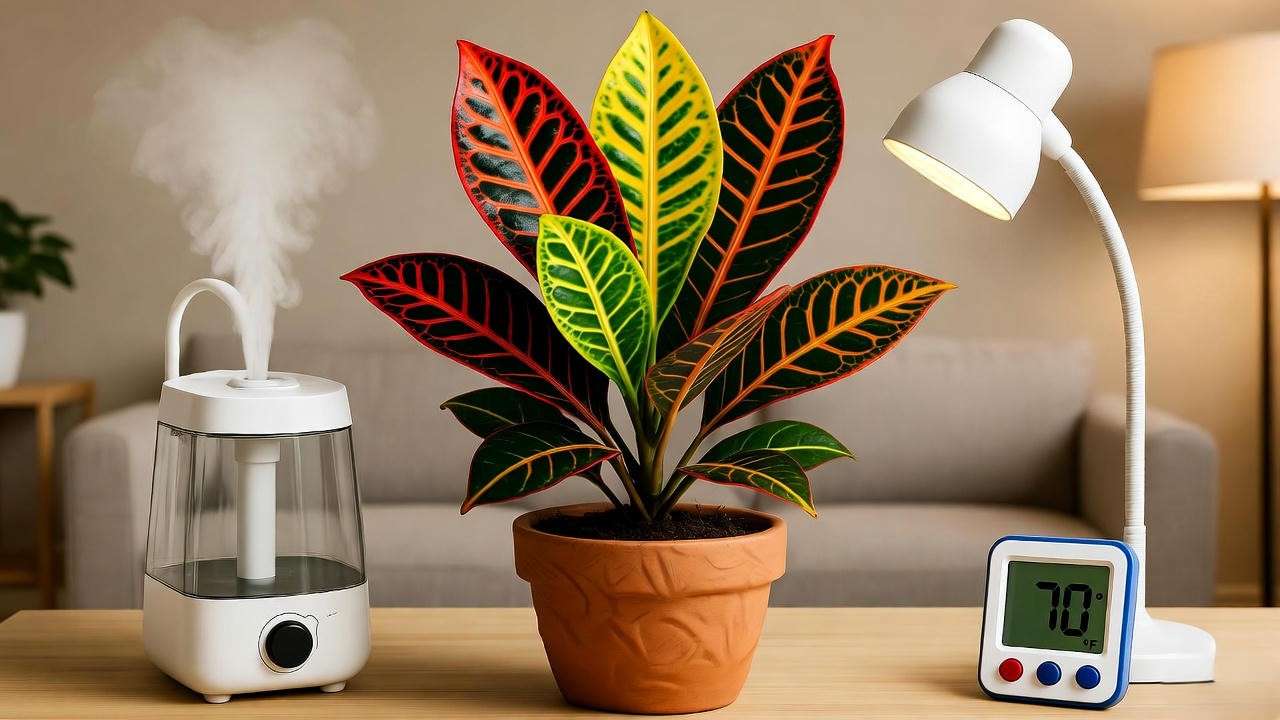 Croton Petra plant in a winter care setup with humidifier and grow light, ensuring year-round health.