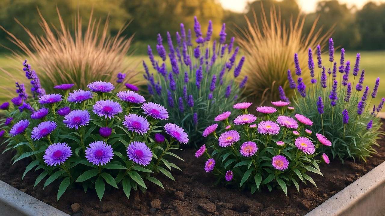 Aster plants with lavender and grasses in a raised bed garden during autumn sunset".