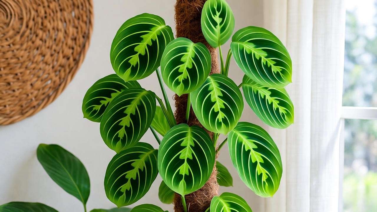 Painted Lady plant climbing a moss pole with vibrant green and variegated leaves."