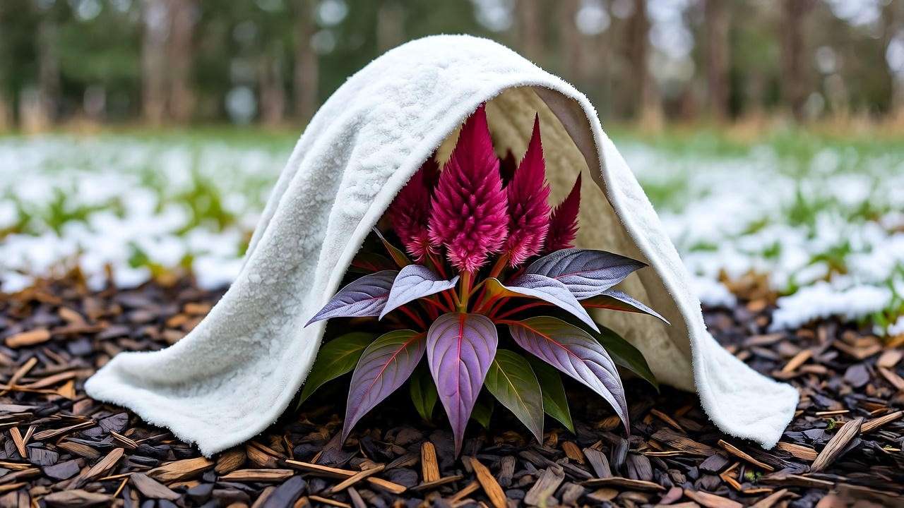 Dragon breath plant protected with frost cloth and mulch in a winter garden'