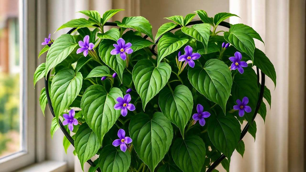 Rare purple flowers of a broken heart plant trained on a heart-shaped trellis."