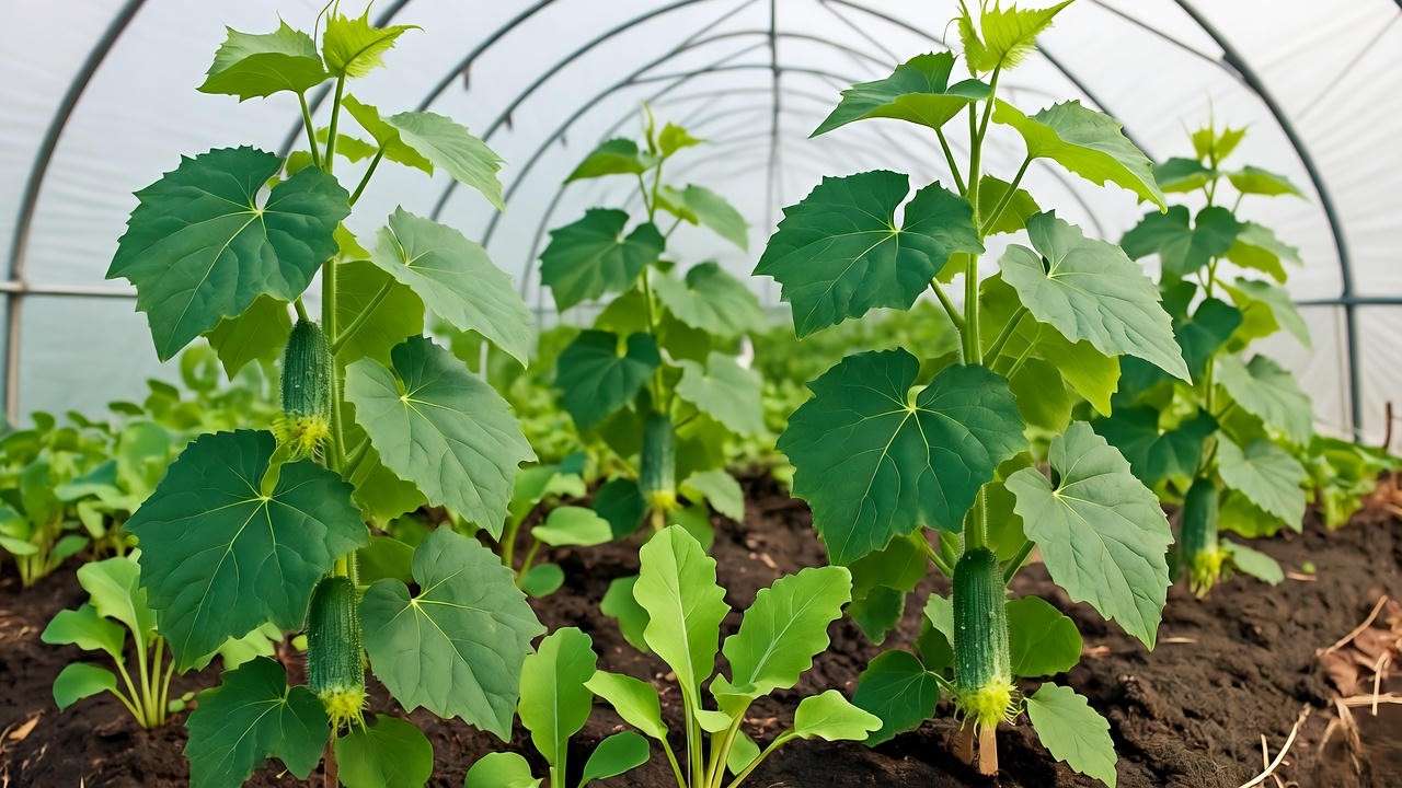 Bush cucumber plants in a hoop house with grafting and radish companions."