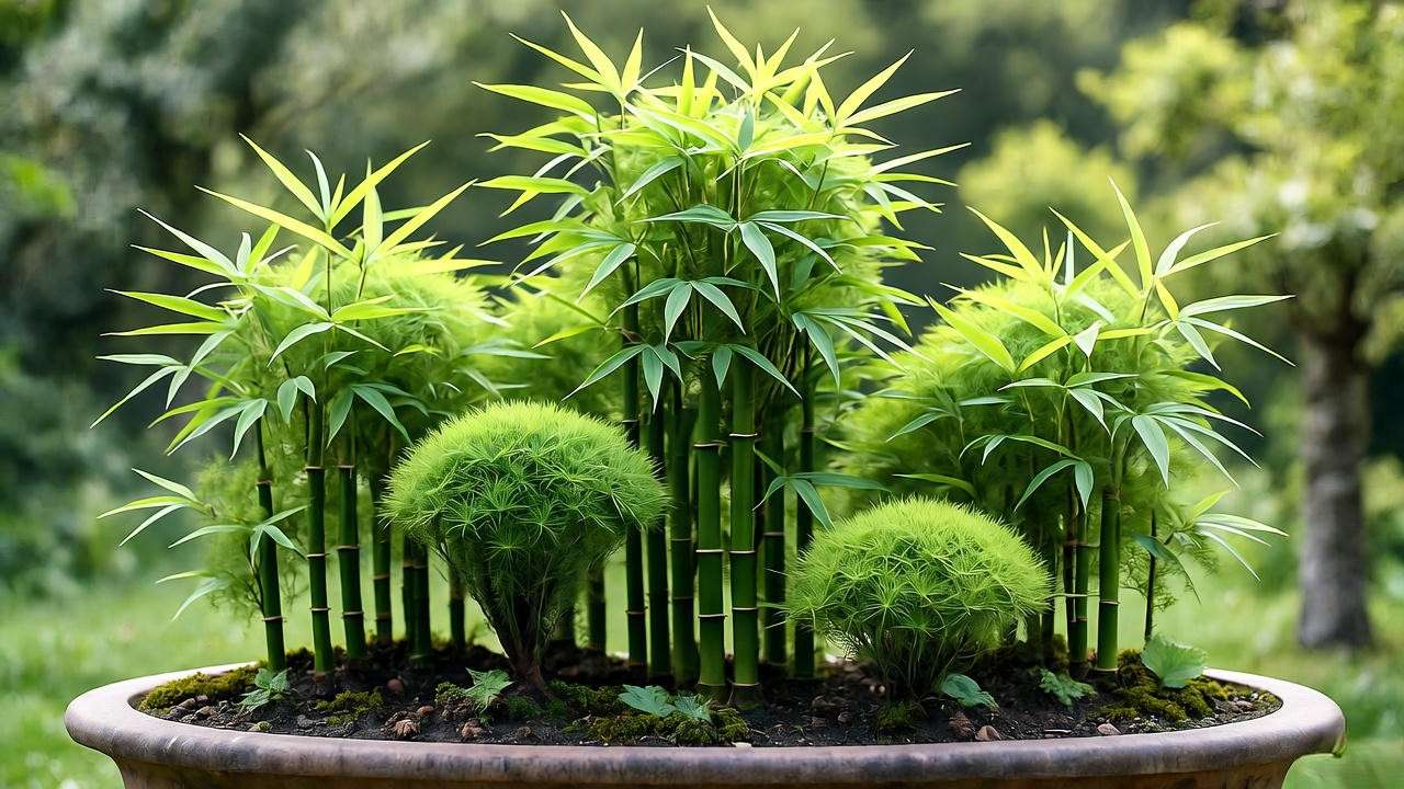 Bonsai bamboo forest display in cascade style outdoor setting"