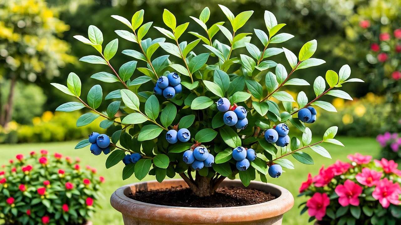 "Potted Brightwell blueberry plant with azaleas on a patio for container gardening."