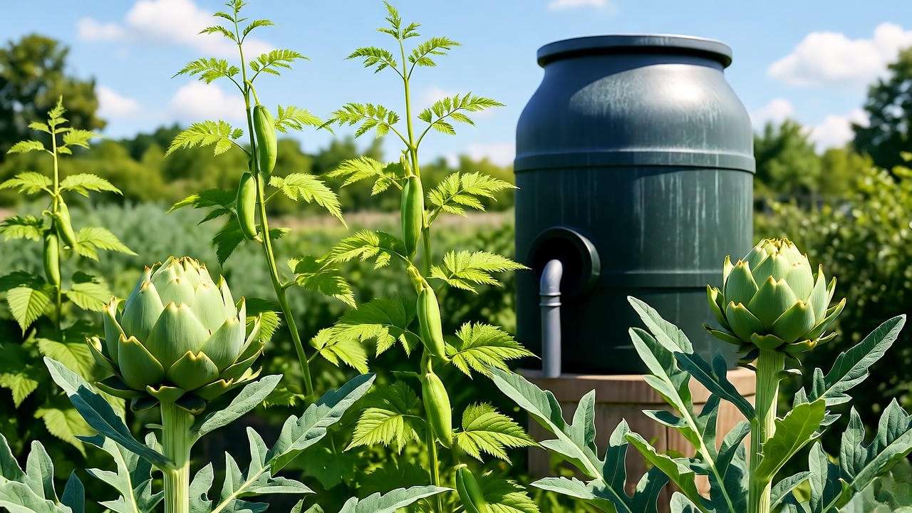 Sustainable garden with artichoke and bean plants near a rainwater barrel.