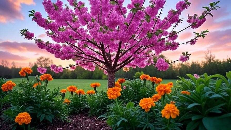 "Cherry tree with healthy branches and marigold companion plants at sunset".
