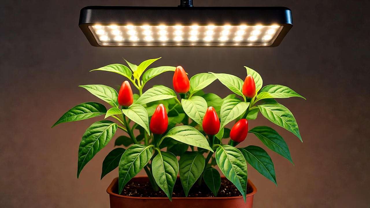 "Potted Thai chili plant under LED grow light with green chilies indoors."