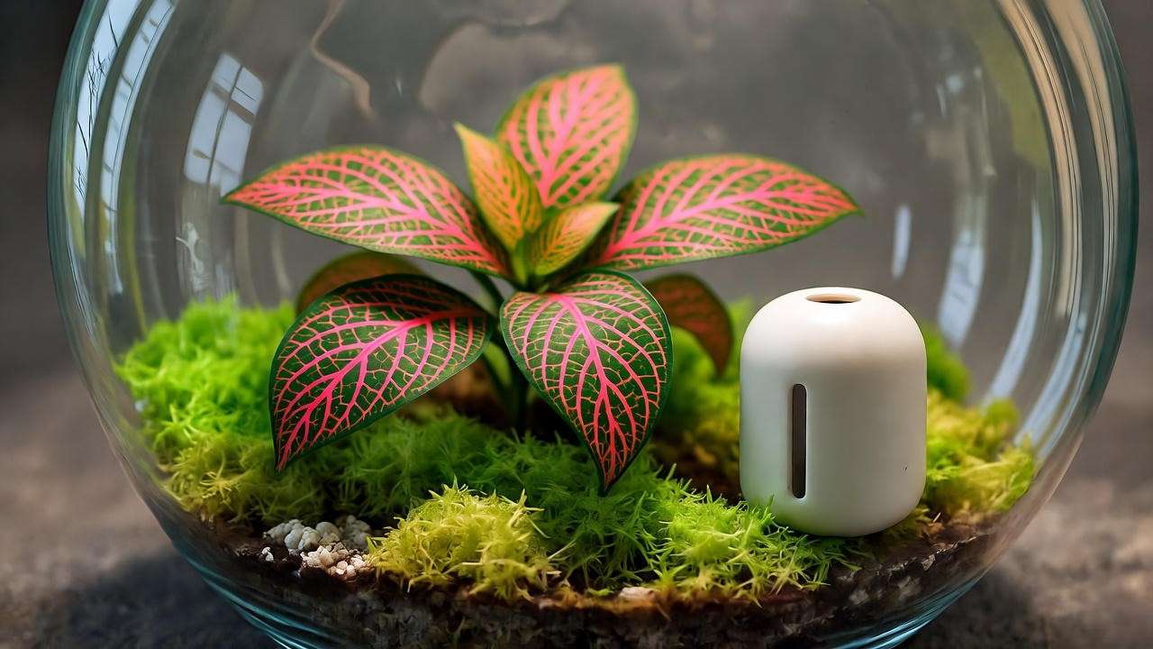 "Indoor terrarium with nerve plant red veins and humidifier for advanced care".