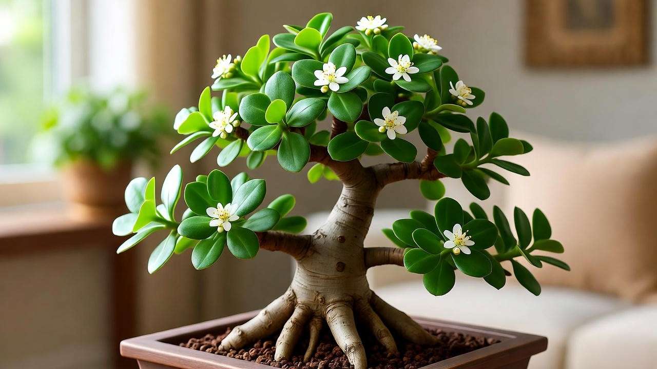 Mature jade plant bonsai with flowers in multi-trunk style".