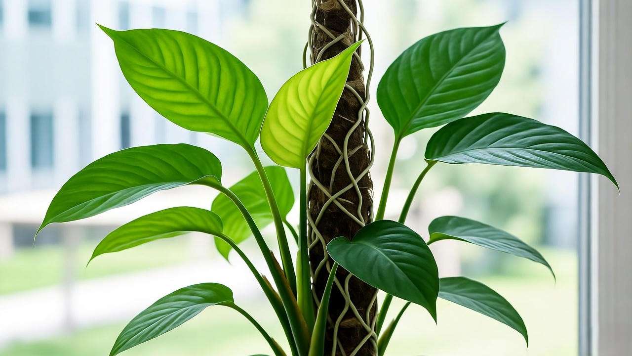 White Butterfly Plant thriving on a moss pole, demonstrating ideal climbing support.
