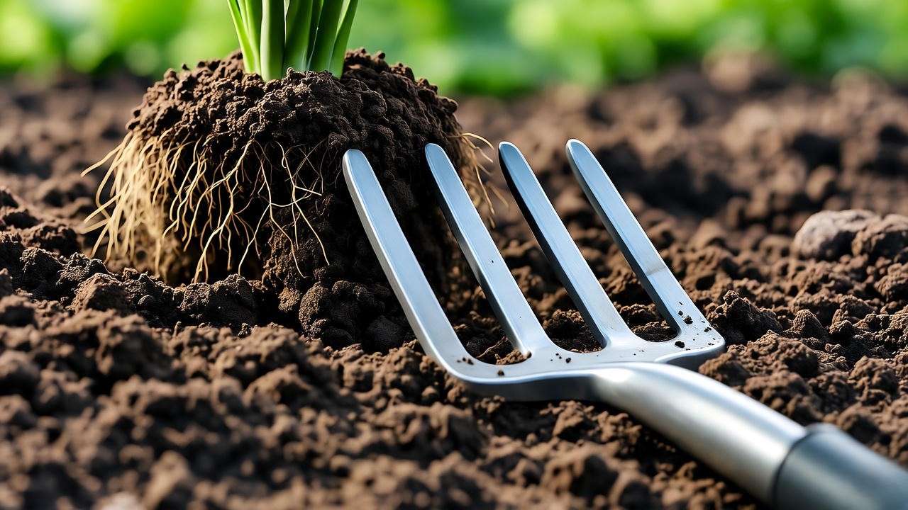 Garden fork aerating soil to promote healthy plant roots"