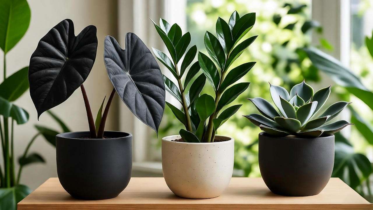 Display of Alocasia Black Velvet, Raven ZZ Plant, and Black Prince Echeveria in stylish pots.