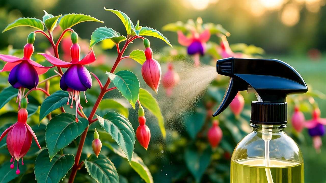 Applying organic neem spray to prevent aphids on fuchsia leaves