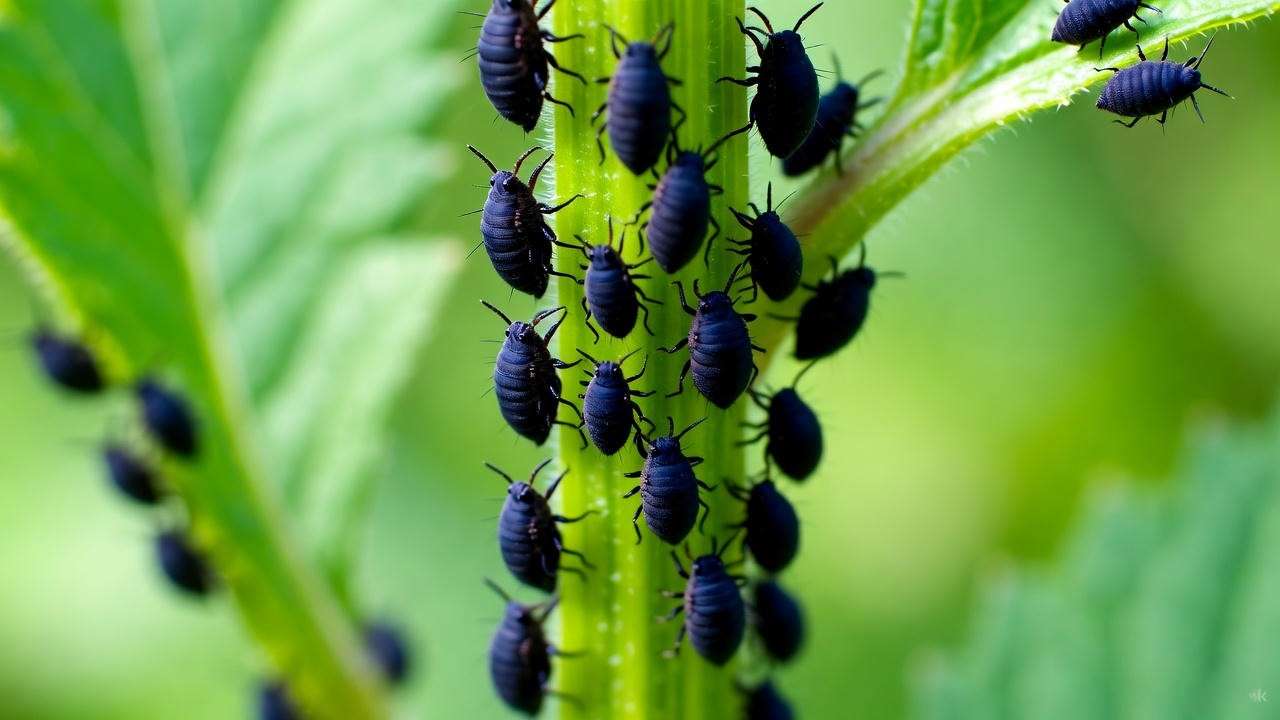 Close-up of tiny black aphids on a green plant stem in a garden.