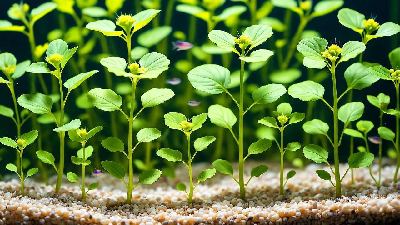 Moneywort plant thriving in an aquarium with green leaves and yellow buds alongside small fish."