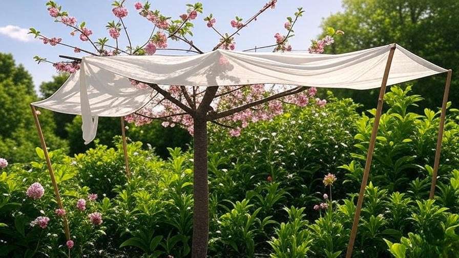 "Cherry tree with shade cloth and pink blossoms in garden".