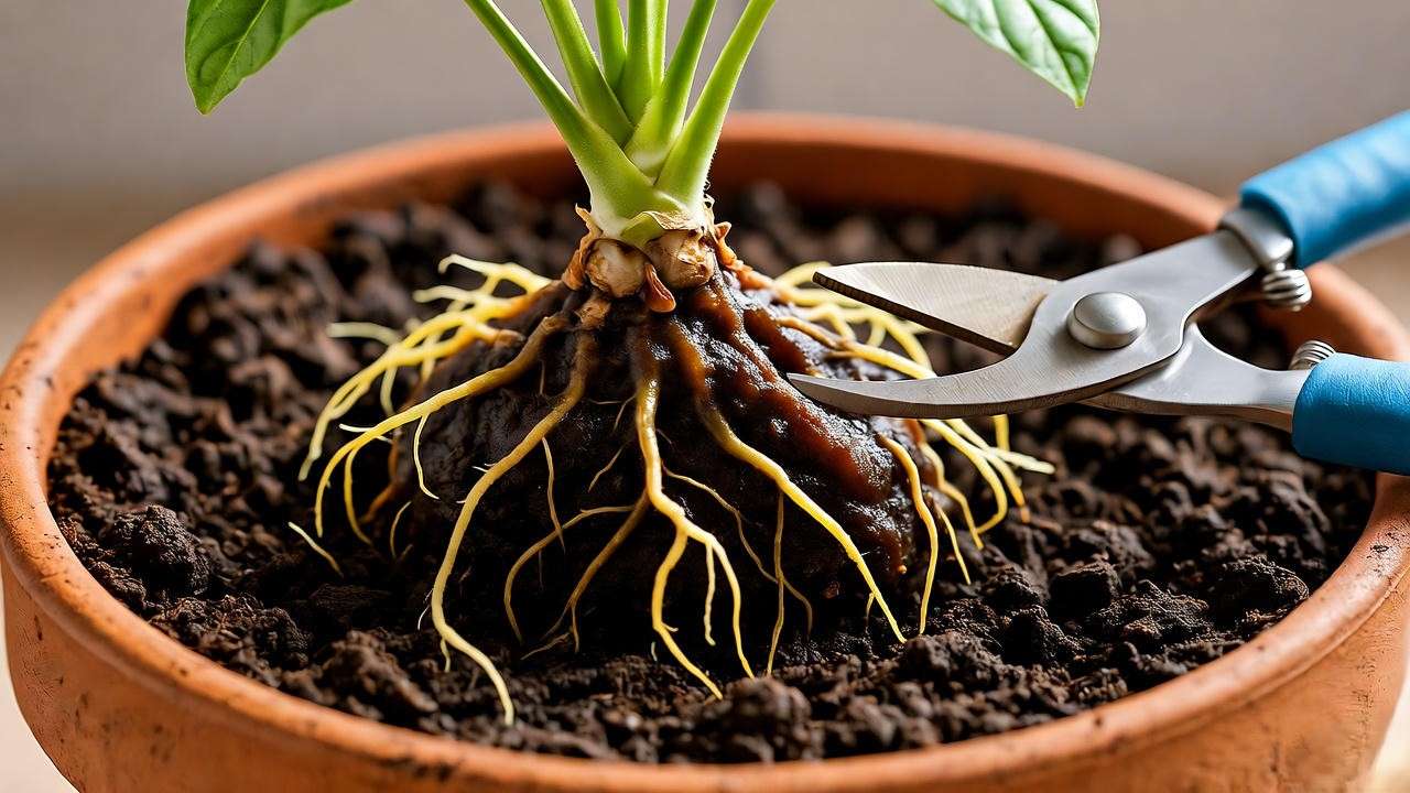 Close-up of overwatered plant roots being trimmed with pruning shears for recovery".