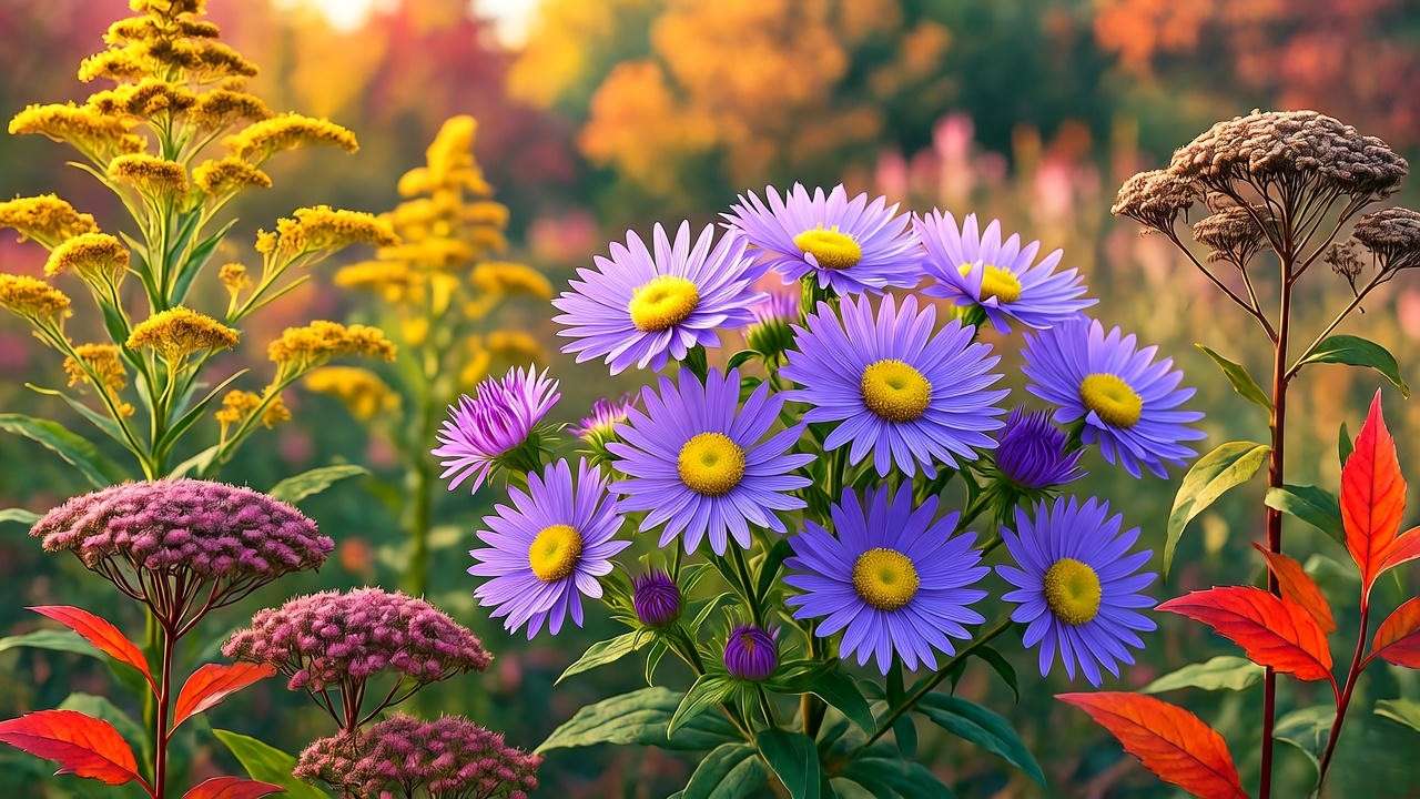 Fall garden with purple aster flowers blooming alongside goldenrod and sedum in warm autumn light.