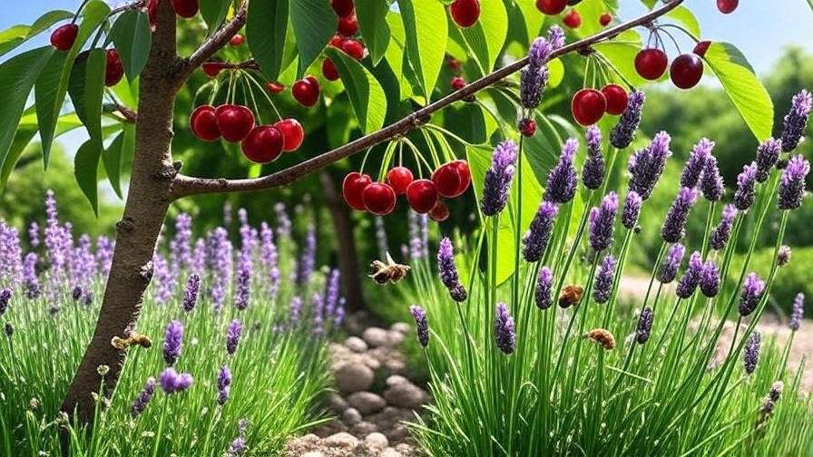 Cherry tree surrounded by lavender and clover with bees pollinating in a lush garden". 