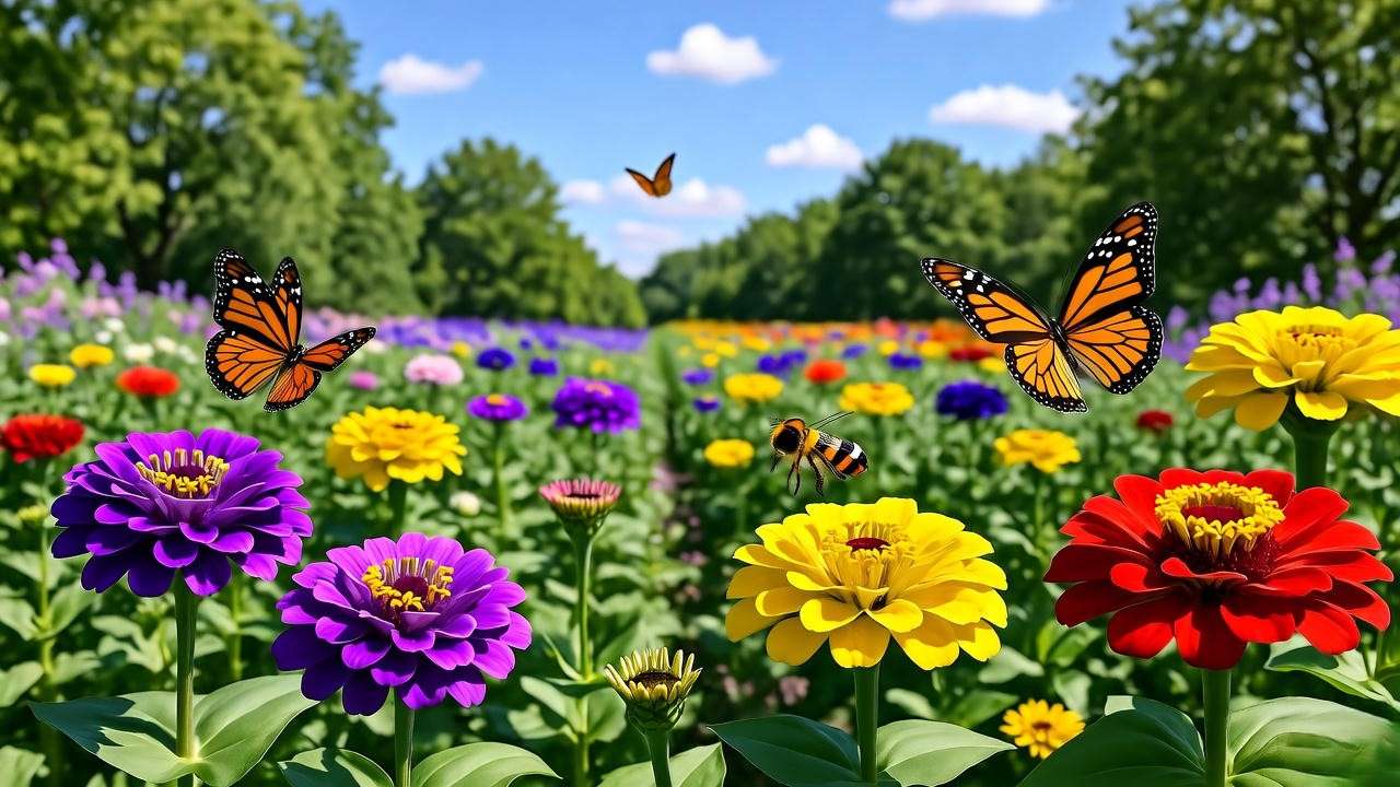 Profusion Zinnia plants attracting butterflies and bees in a vibrant garden".