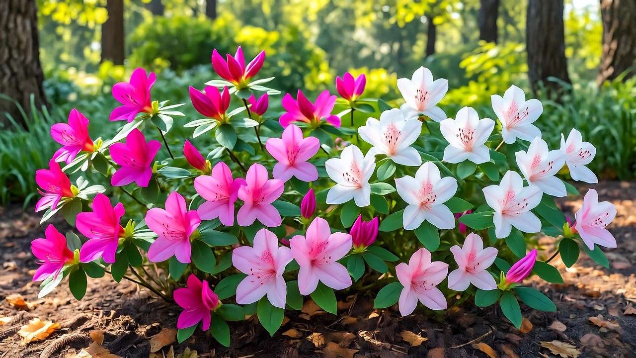 Cluster of azalea bushes with pink and white blooms in a shaded garden